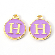 Golden Plated Alloy Enamel Charms, Enamelled Sequins, Flat Round with Letter, Medium Purple, Letter.H, 14x12x2mm, Hole: 1.5mm(ENAM-S118-10H)