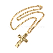 304 Stainless Steel Cross with Tree of Life Pendant Necklaces, Curb Chain Necklace with Lobster Clasps, Golden, 17-1/2 inch(44.5cm)(NJEW-M197-02G)