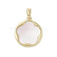 Brass Pave Shell Pendants, Flat Round with Flower Charms with Snap on Bails, Real 18K Gold Plated, 19x16.5x2.5mm, Hole: 4.5x2.5mm(KK-I712-46G)