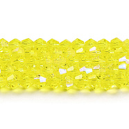 Transparent Electroplate Glass Beads Strands, AB Color Plated, Faceted, Bicone, Yellow, 6x6mm, Hole: 1mm, about 45~47pcs/strand, 9.65~9.84 inch(24.5~25cm)(EGLA-A039-T6mm-L21)