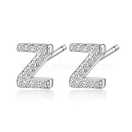 Rhodium Plated 925 Sterling Silver Initial Letter Stud Earrings, with Cubic Zirconia, Platinum, Letter Z, 5x5mm(HI8885-26)