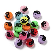 Opaque Acrylic Beads, Flat Round with Taiji Pattern, Mixed Color, 7x3.5mm, Hole: 1.5mm(SACR-P028-01A-01)