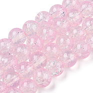 Transparent Crackle Baking Painted Glass Beads Strands, Imitation Opalite, Round, Pink, 10x9.5mm, Hole: 1.4mm, about 80pcs/strand, 30.87 inch(78.4cm)(DGLA-T003-01C-14)