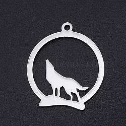 201 Stainless Steel Pendants, Howling Wolf Pendants, Ring with Wolf, Stainless Steel Color, 23x20x1mm, Hole: 1.5mm(STAS-N090-JN864-1)
