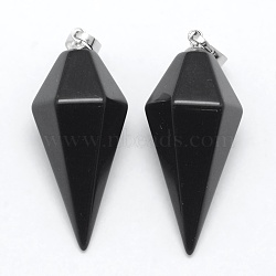 Natural Obsidian Pointed Pendants, with Brass Findings, Bullet, Platinum, 38.5x16x14.5mm, Hole: 5x8mm(X-KK-E757-F-16P)