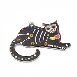 Alloy Enamel Pendants, Platinum, Sugar Skull Cat Charm, 35x25x2.5mm, Hole: 1.5mm, 5pcs/bag(PALLOY-P290-01B)