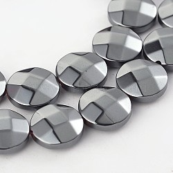 Electroplate Non-magnetic Synthetic Hematite Flat Round Bead Strands, Faceted, Hematite Plated, 10x4mm, Hole: 1mm, about 37pcs/strand, 15.35 inch(G-L368-05D)