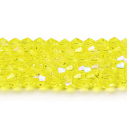 Transparent Electroplate Glass Beads Strands, AB Color Plated, Faceted, Bicone, Yellow, 6x6mm, Hole: 1mm, about 45~47pcs/strand, 9.65~9.84 inch(24.5~25cm)(EGLA-A039-T6mm-L21)