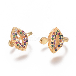 Golden Plated Brass Micro Pave Cubic Zirconia Cuff Earrings, Long-Lasting Plated, Lip, Colorful, 12x9.5x1.5mm(EJEW-L244-32G)