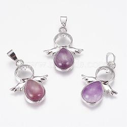 Natural Amethyst Pendants, Angel, with Brass Finding, Platinum, 34x25.5x4.5~6.5mm, Hole: 4~5x7mm(G-G651-A11)