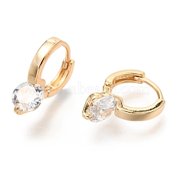 Brass Huggie Hoop Earrings, with Clear Cubic Zirconia, Long-Lasting Plated, Real 14K Gold Plated, 16.7x6mm, Pin: 1mm(ZIRC-H116-07LG)
