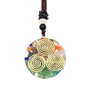 Orgonite Chakra Natural & Synthetic Mixed Stone Pendant Necklaces, Nylon Thread Necklace for Women, Flat Round, Whorl, 25.59 inch(65cm)