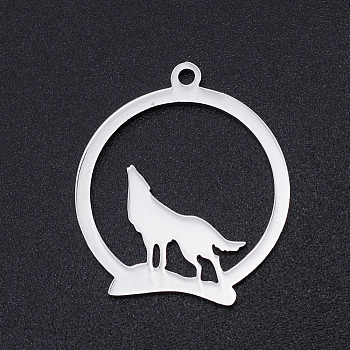 201 Stainless Steel Pendants, Howling Wolf Pendants, Ring with Wolf, Stainless Steel Color, 23x20x1mm, Hole: 1.5mm