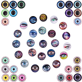 2 Sets 2 Styles Glass Cabochons, Half Round with Eye & Eyeball Pattern, Mixed Color, 25x7.5mm, 24pcs/set, 1 set/style