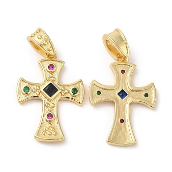 Brass Micro Pave Cubic Zirconia Pendants, Lead Free & Cadmium Free, Cross, Real 18K Gold Plated, 25.5x18x3mm, Hole: 6X4mm
