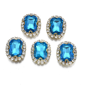 Sew on Rhinestone, Transparent Glass Rhinestone, with Brass Prong Settings, Faceted, Rectangle, Dodger Blue, 19.5x15.5x6.5mm, Hole: 1mm