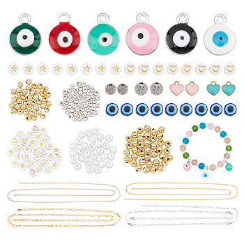 ARRICRAFT DIY Chain Bracelet Necklace Making Kits, Including Brass & Iron Chains, Evil Eye Acrylic & Resin & Glass Pearl & Round Brass Beads, Alloy & Heart Brass Charms, Mixed Color, Chain: 4m/box