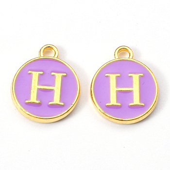 Golden Plated Alloy Enamel Charms, Enamelled Sequins, Flat Round with Letter, Medium Purple, Letter.H, 14x12x2mm, Hole: 1.5mm