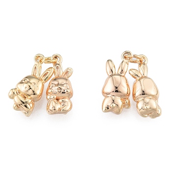 Brass Charms, Cadmium Free & Nickel Free & Lead Free, a Pair of Rabbits, Real 18K Gold Plated, 14x5.5x4mm, Hole: 2mm