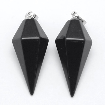 Natural Obsidian Pointed Pendants, with Brass Findings, Bullet, Platinum, 38.5x16x14.5mm, Hole: 5x8mm