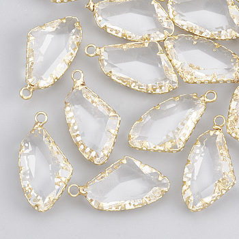 Brass Glass Pendants, Faceted, Polygon, Clear, Real 18K Gold Plated, 23x12x5mm, Hole: 1.8mm