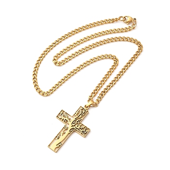 304 Stainless Steel Cross with Tree of Life Pendant Necklaces, Curb Chain Necklace with Lobster Clasps, Golden, 17-1/2 inch(44.5cm)