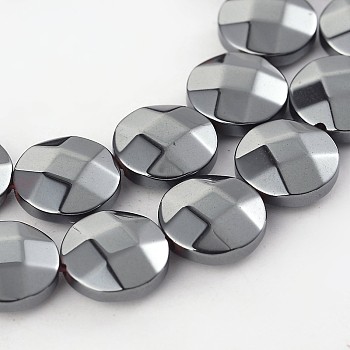 Electroplate Non-magnetic Synthetic Hematite Flat Round Bead Strands, Faceted, Hematite Plated, 10x4mm, Hole: 1mm, about 37pcs/strand, 15.35 inch