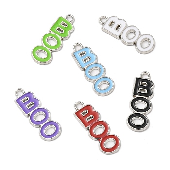 Eco-friendly Alloy Enamel Pendants, Word BOO Charm, for Halloween, Mixed Color, 25x9x1.5mm, Hole: 1.8mm