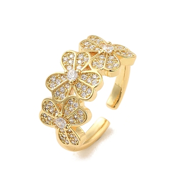 Clover Brass Micro Pave Clear Cubic Zirconia Cuff Rings for Women, Real 18K Gold Plated, Adjustable
