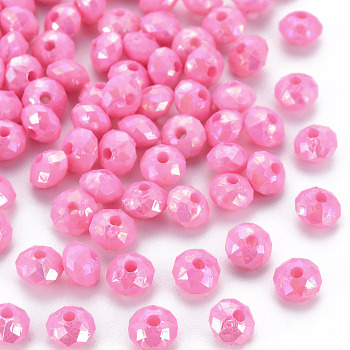 Opaque Acrylic Beads, AB Color Plated, Faceted Rondelle, Hot Pink, 6mm, Hole: 1.5mm, about 6200pcs/500g.