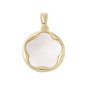 Brass Pave Shell Pendants, Flat Round with Flower Charms with Snap on Bails, Real 18K Gold Plated, 19x16.5x2.5mm, Hole: 4.5x2.5mm