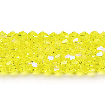 Transparent Electroplate Glass Beads Strands, AB Color Plated, Faceted, Bicone, Yellow, 6x6mm, Hole: 1mm, about 45~47pcs/strand, 9.65~9.84 inch(24.5~25cm)