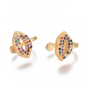 Golden Plated Brass Micro Pave Cubic Zirconia Cuff Earrings, Long-Lasting Plated, Lip, Colorful, 12x9.5x1.5mm