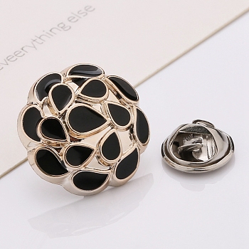Plastic Brooch, Alloy Pin, with Enamel, for Garment Accessories, Round with Teardrop, Black, 18mm