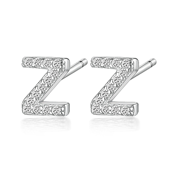 Rhodium Plated 925 Sterling Silver Initial Letter Stud Earrings, with Cubic Zirconia, Platinum, Letter Z, 5x5mm