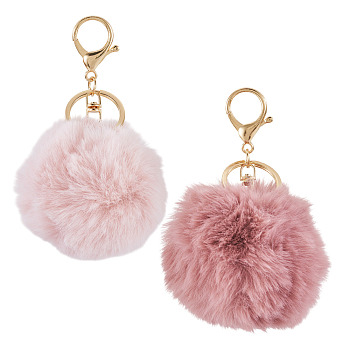 2Pcs 2 Colors Alloy Keychains, with Hair Bulb, Plush Ball, Round, Light Gold, Rosy Brown, 122.5mm, 1pc/color