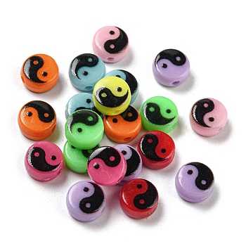 Opaque Acrylic Beads, Flat Round with Taiji Pattern, Mixed Color, 7x3.5mm, Hole: 1.5mm