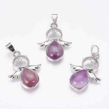 Natural Amethyst Pendants, Angel, with Brass Finding, Platinum, 34x25.5x4.5~6.5mm, Hole: 4~5x7mm