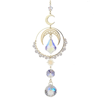Moon Brass & 304 Stainless Steel Hanging Suncatchers, with Glass Pendants, Golden, 275mm, Hole: 8mm