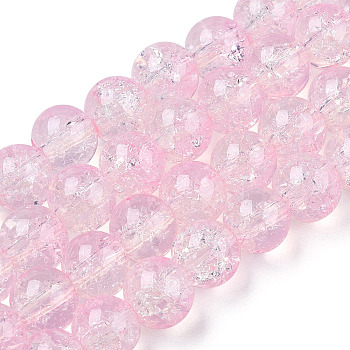 Transparent Crackle Baking Painted Glass Beads Strands, Imitation Opalite, Round, Pink, 10x9.5mm, Hole: 1.4mm, about 80pcs/strand, 30.87 inch(78.4cm)