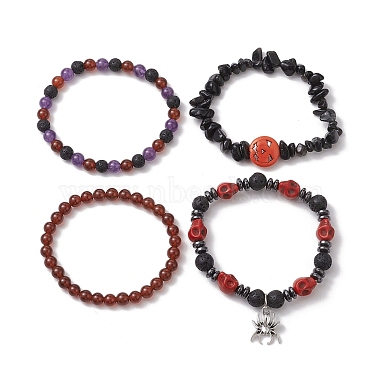 4Pcs Halloween Skull Pumpkin Gemstone Beaded Stretch Bracelets Kit(BJEW-TA00483)-4