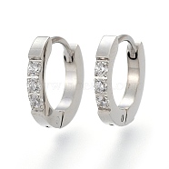 304 Stainless Steel Huggie Hoop Earrings, with Clear Cubic Zirconia, Ring, Stainless Steel Color, 12.5x13x2mm, Pin: 1.2mm(EJEW-L252-042P)