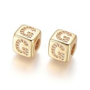 Brass Micro Pave Cubic Zirconia European Beads, Horizontal Hole, Large Hole Beads, Long-Lasting Plated, Cube with Letter, Golden, Clear, Letter.G, 9x9x9.5mm, Hole: 4.5mm(ZIRC-G162-13G-G)