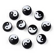 Opaque Acrylic Beads, Flat Round with Yin Yang Pattern, Black, 7x4mm, Hole: 1.5mm(SACR-T338-13)