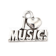 Tibetan Style Alloy Pendants, Word I Love Music Charms, Music Lover Charm, Antique Silver, 13x16x2mm, Hole: 1.5mm, about 833pcs/1000g(PALLOY-M198-35AS)