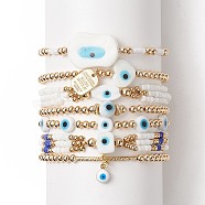 7Pcs 7 Style Evil Eye Lampwork & Glass Seed & Brass Beaded Stretch Bracelets Set for Women, Alloy Word Charms Stackable Bracelets for Women, White, Inner Diameter: 2~3-1/2 inch(5.2~8.8cm), 1Pc/style(BJEW-JB09249-02)