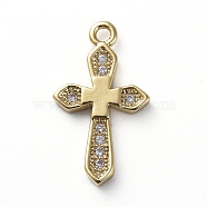 Brass Micro Pave Cubic Zirconia Pendants, Cross, Clear, Golden, 17.5x10x2mm, Hole: 1.2mm(ZIRC-G157-02G)