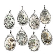 Rack Plating Brass Teardrop Big Pendants, Carved Natural Black Lip Shell Cameo Woman Charms, Platinum, 56x36x6mm, Hole: 6.2x4.5mm(KK-N255-07P)