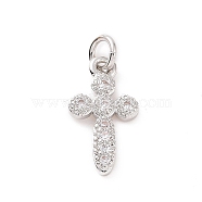 Brass Micro Pave Cubic Zirconia Charms, with Jump Ring, Religion Cross Charm, Platinum, 15x8x1.5mm, Hole: 2.8mm(KK-C012-41P)
