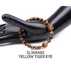 Natural Tiger Eye Pyramid & Synthetic Blue Goldstone Beaded Stretch Bracelet, 7-1/8 inch(18cm)(PW-WG46847-02)